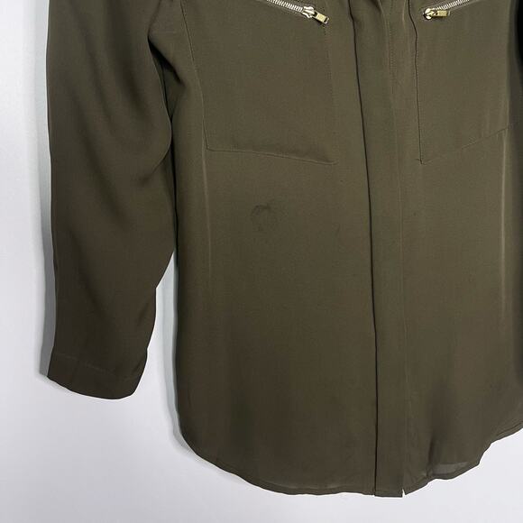 Theory Womens Small S Olive Green Brundia Silk Button Front Blouse Zip Chest Top - Picture 5 of 9